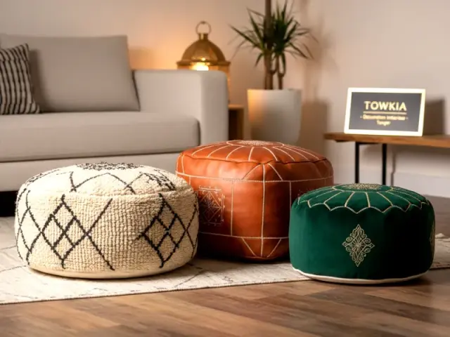 Pouf artisanal cuir tressé marocain — TOWKIA Tanger
