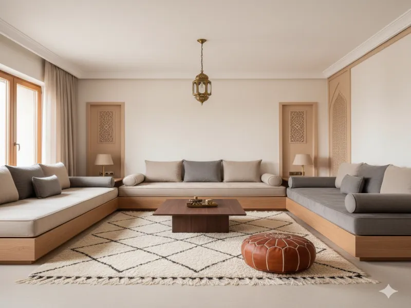 Salon marocain moderne — design contemporain épuré avec velours et lin naturel