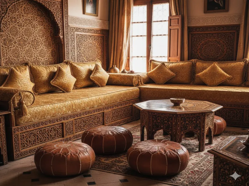 Salon beldi traditionnel — sedari en brocart doré, bois sculpté à la main et poufs en cuir