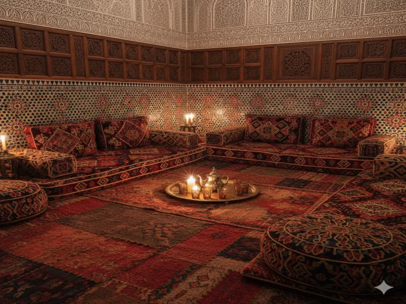 Salon marocain traditionnel — origines berbères et andalouses avec zellige, boiseries en cèdre et coussins de sol